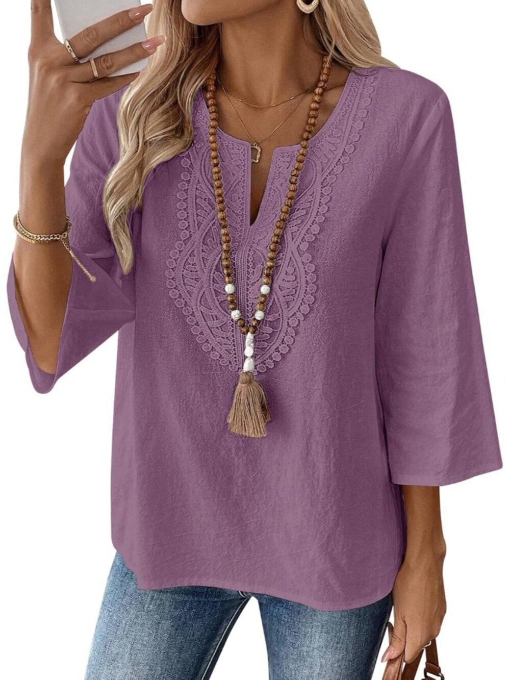 Women Grey Purple V Neck Pull On Loose Fit Blouses Sleeve Top Cotton Linen Shirt